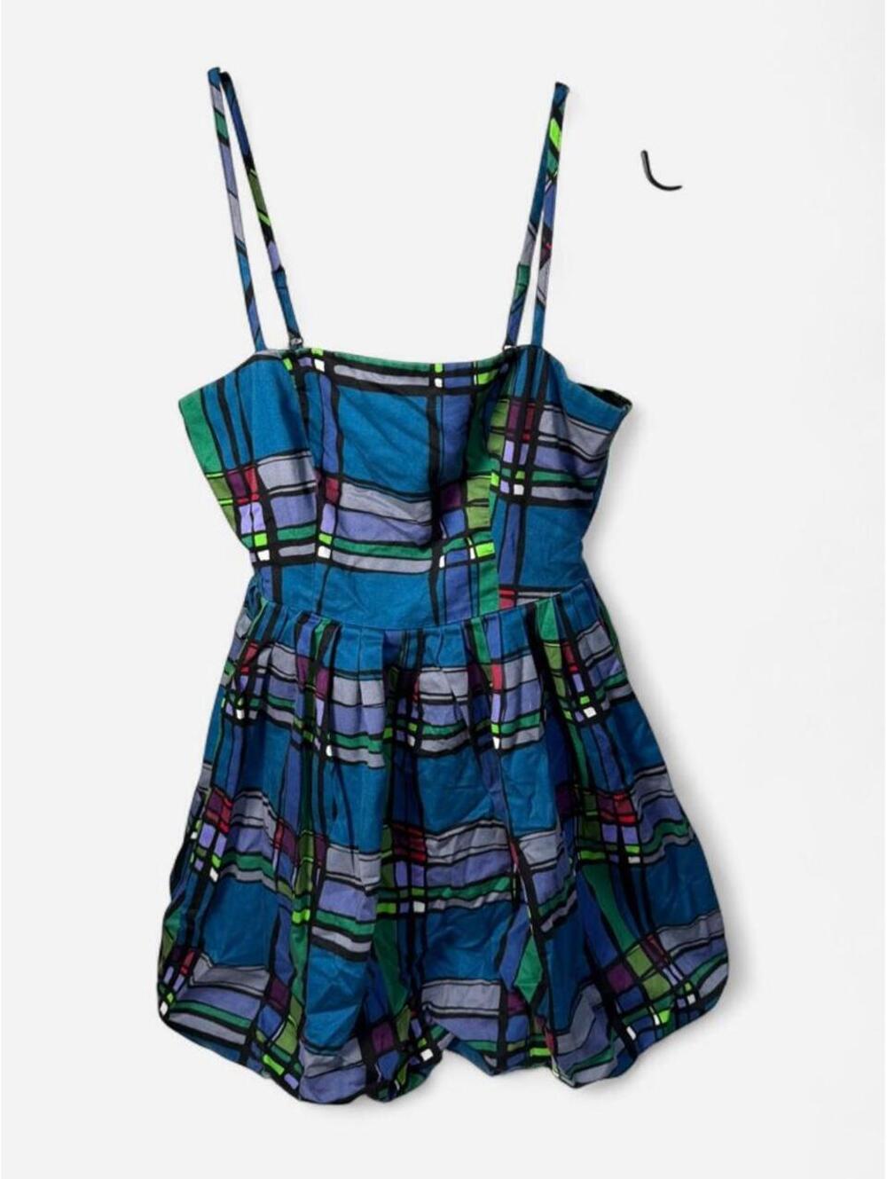 Y2K Charlotte Russe Plaid Bubble Hem Mini Dress Blue Green Purple Size Small